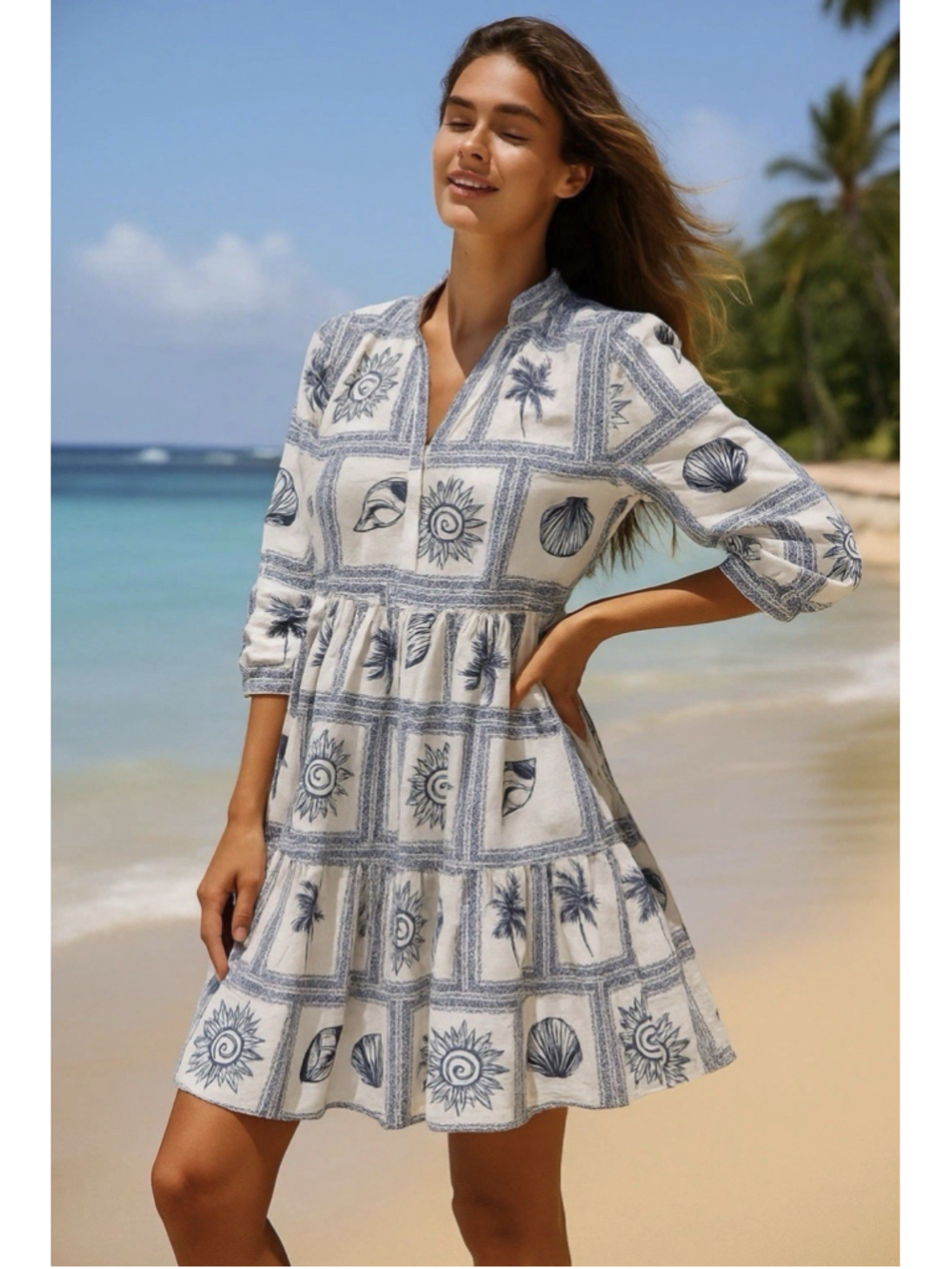 Calypso St Barth Zoe Dress Small Coastal Seashells Palm Trees Resort Beach $179